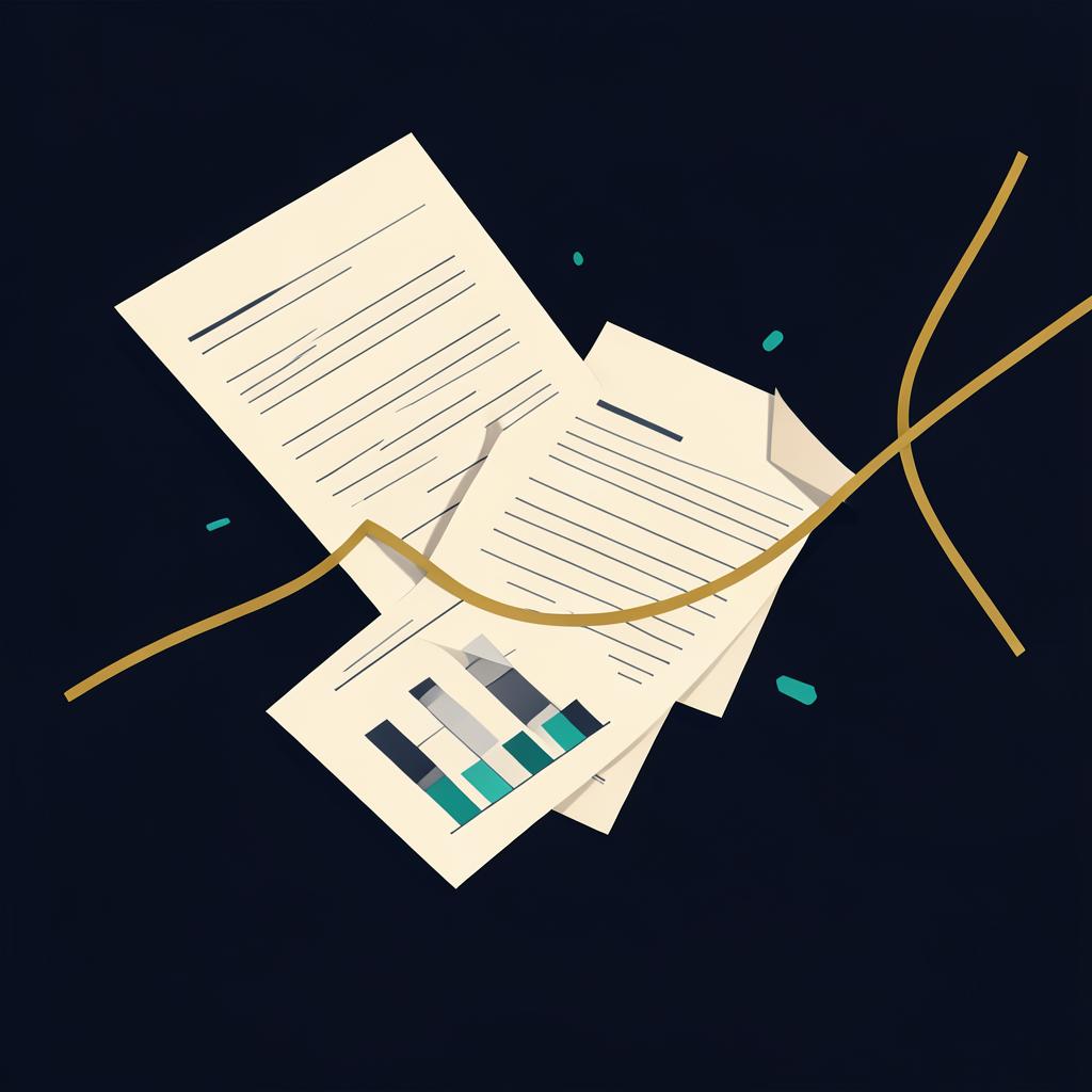 Editorial illustration of report pages and a rising gold evidence line